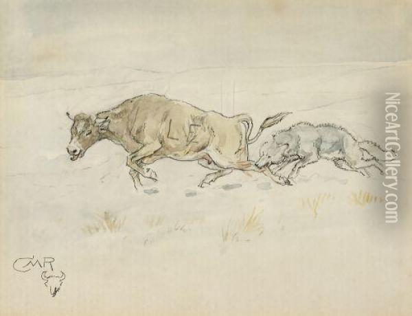 Wolf And Steer Oil Painting - Charles Marion Russell