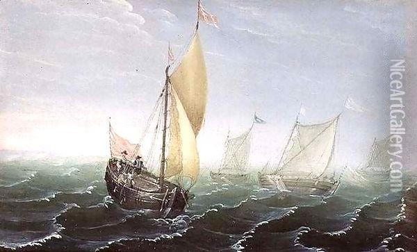 Shipping in Windswept Waters Oil Painting - Aert van Antum