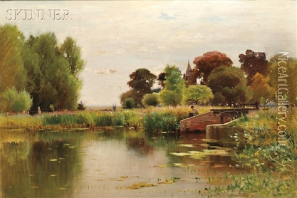 Figure By A River Dam Oil Painting - Ernest Parton