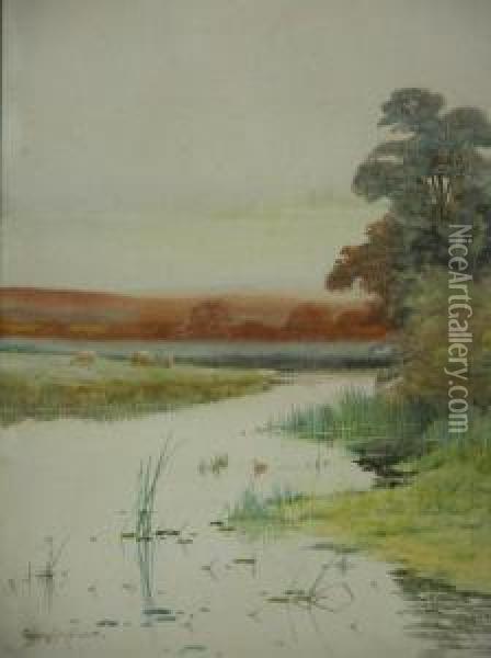 Water Meadow With Grazing Sheep Oil Painting - George Oyston