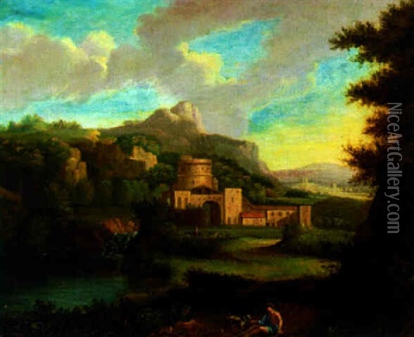A Mountainous Landscape With A Shepherd Resting By A Waterfall, A Castle Beyond Oil Painting - Jan Van Huysum