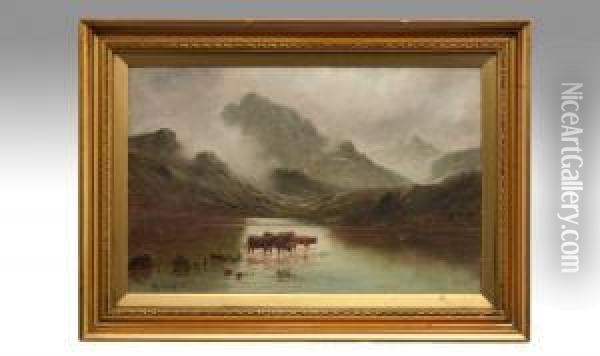 Highland Cattle Watering In A Lake Oil Painting - William J. Crampton