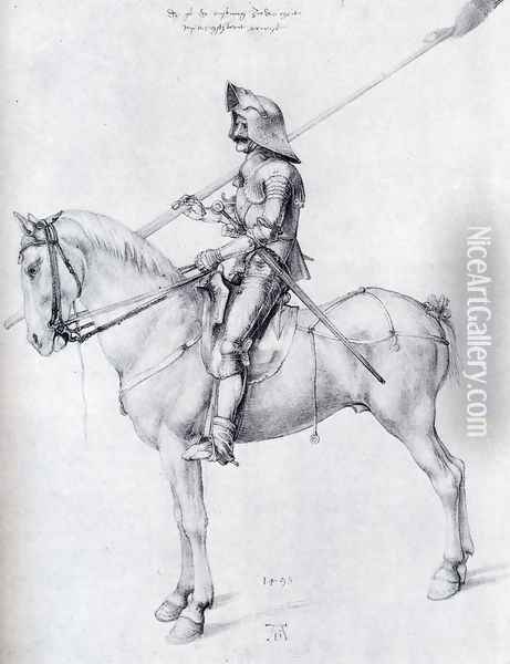 Man In Armor On Horseback Oil Painting - Albrecht Durer