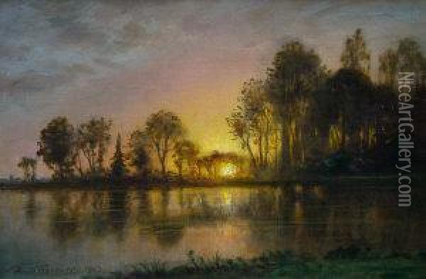 Wooded River Landscape
At Sunset Oil Painting - Ernst Carl Eugen Koerner