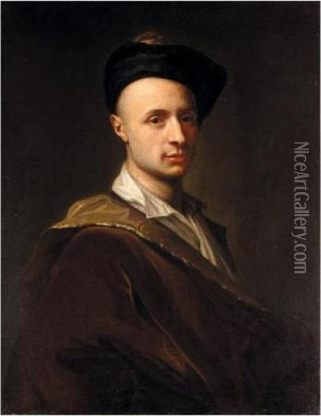 Portrait Of A Man, Half-length, Wearing A Black Hat Oil Painting - Francesco Trevisani