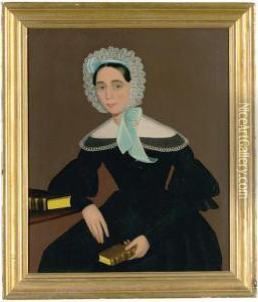 Portrait Of A Young Woman In A White Eyelet Bonnet Oil Painting - Ammi Phillips