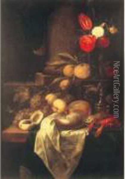 Nature Morte Au Vase De Fleurs Et Fruits Sur Un Entablement Oil Painting - Joris Van Son