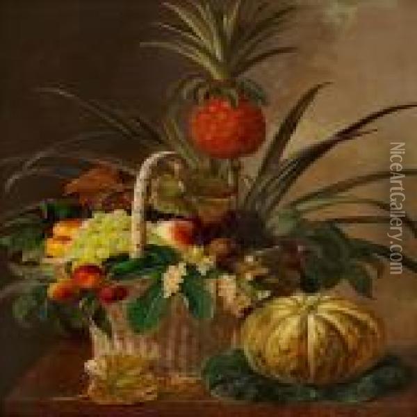 Still Life With Pineapple, Grapes, Peaches, Nuts, Berries And Leaves In A Basket Oil Painting - I.L. Jensen