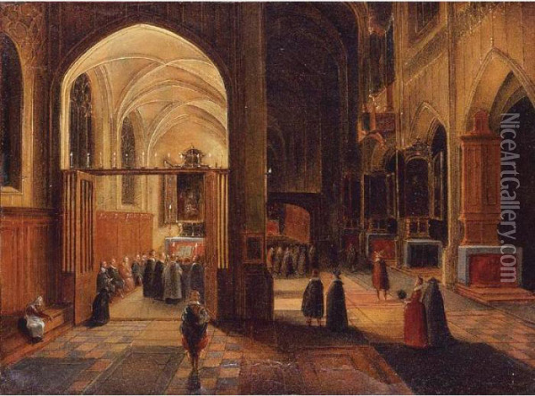 Interior Of A Gothic Cathedral With A Mass Being Celebrated In A Side Chapel Oil Painting - Hendrick van, the Younger Steenwyck