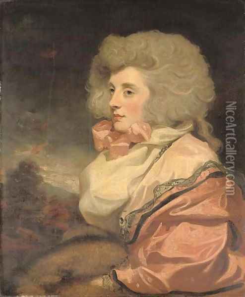 Portrait of a lady, half-length, seated in a pink dress, white scarf and pink neck-tie, with a fur muff, in a landscape Oil Painting - John Hoppner