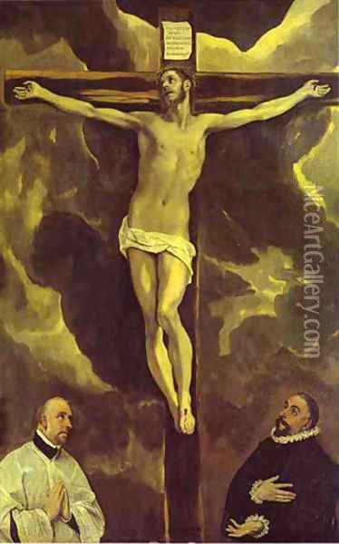 Christ On The Cross Adored By Two Donors 1585-1590 Oil Painting - El Greco (Domenikos Theotokopoulos)