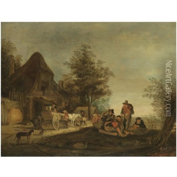 A Landscape With Peasants Sitting Outside A Tavern Beside A Horse-and-cart Oil Painting - Isaac Van Ostade