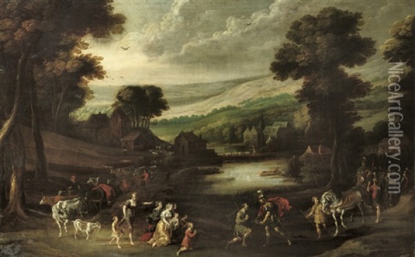 An Extensive Wooded Landscape With The Reconciliation Of Jacob And Esau Oil Painting - Joos de Momper the Younger
