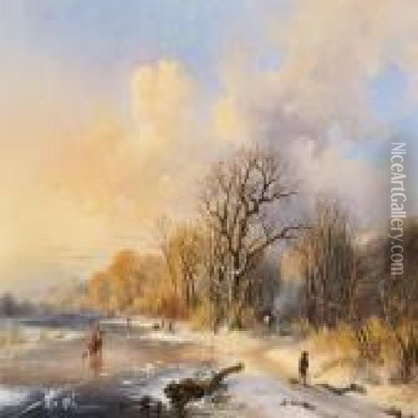 Wintry Scene With Figures On A Frozen Over Lake Oil Painting - Charles van den Eycken