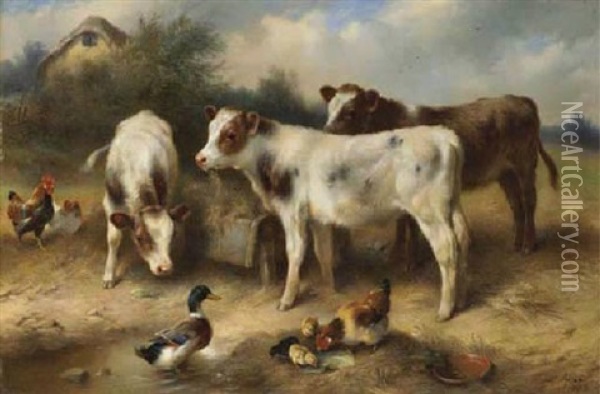 Calves, Chickens And A Duck Gathered By A Stream Oil Painting - Walter Hunt