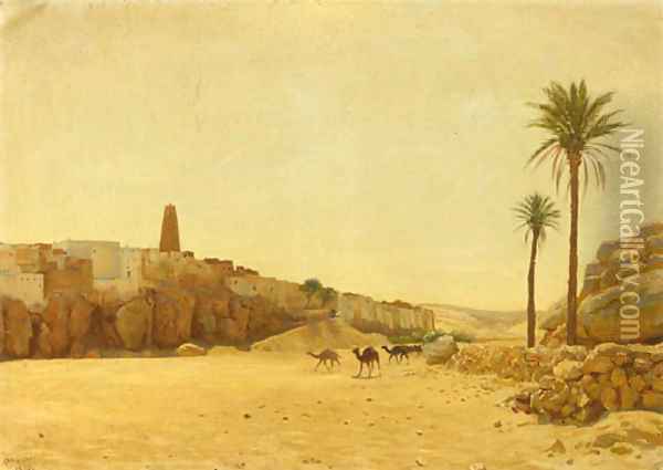 Camels before a North-African dessert village Oil Painting - August Le Gras