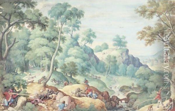 Extensive Landscape With A Bear Hunt Oil Painting - Hans Bol