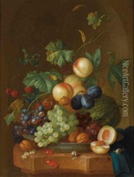A Still Life With Peaches, Grapes, Plums, A Melon, Cherries, Wallnuts, Chestnuts On A Wan-li Porcelain Plate, Together With Two Snails On A Marble Ledge, Draped With A Blue Cloth Oil Painting - Johannes Christianus Roedig