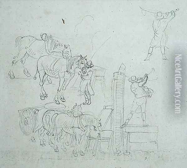Studies of a carter pumping water for his horses Oil Painting - Paul Sandby
