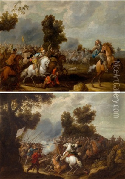 Pair Of Works: Battles Between Imperial And Swedish Troops Oil Painting - Johann Philipp Lemke