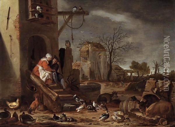 A couple embracing by a farmhouse, the Prodigal Son among swine beyond Oil Painting - Cornelis Saftleven