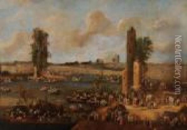 Paesaggio Fluviale Con Imbarcazioni, Ruderi E Figure Adruen-francois Baudewijns Oil Painting - Peeter Bout