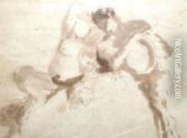 Study Of A Faun And A Fauness Holding A Tambour Oil Painting - Giovanni Battista Tiepolo