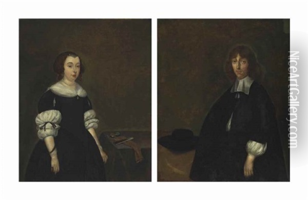 Portrait Of A Lady, Said To Be Jenneken Ter Borch, Three-quarter-length, In A Black Dress, Standing By A Table; And Portrait Of Of A Man, Said To Be Sybrand Schellinger (before 1640-1686), Three-quarter-length, In A Black Costume, A Hat By His Side Oil Painting - Gerard ter Borch the Elder