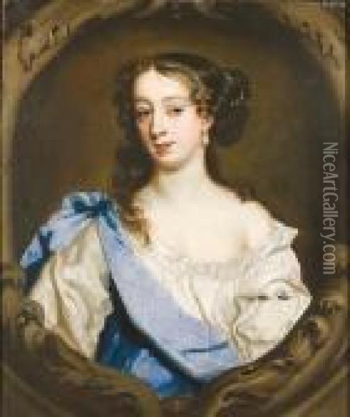 Portrait Of Barbara Villiers, 
Duchess Of Cleveland, Half-length, In A White Chemise And A Blue Wrap, 
In A Painted Cartouche Oil Painting - Sir Peter Lely