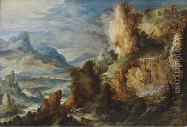 A Panoramic Mountainous Landscape, With Two Shepherds And Their Cattle Resting Along A Path In The Foreground Oil Painting - Kerstiaen De Keuninck The Elder
