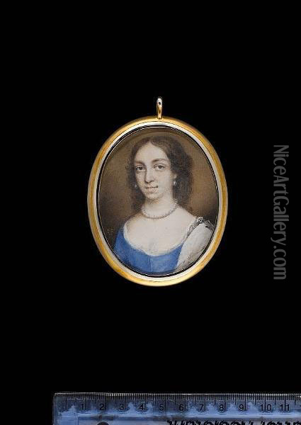 Katherine Duncourt, Wearing Blue Dress With White Underslip, White Cloak Over Her Left Shoulder, Pearl Necklace And Matching Earrings. Oil Painting - Peter Cross