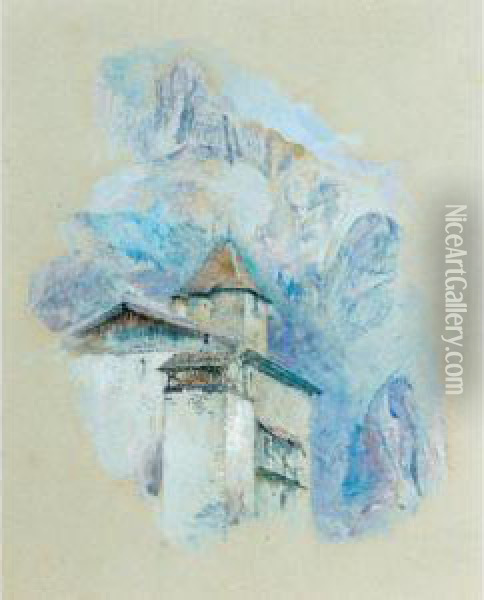 A Building And A Tower In The Alps Oil Painting - John Ruskin