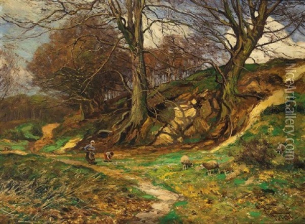 Weidende Schafe Und Holzleser In Herbstlicher Landschaft Oil Painting - Wilhelm Fritzel