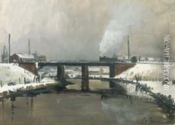 A Steam Locomotive In A Winter Landscape In West Flandres Oil Painting - Joseph Fr. De Coene