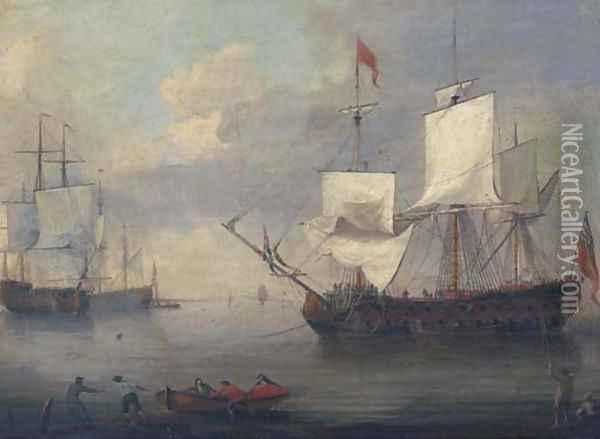 Airing ship - warships of the fleet lying at anchor offshore Oil Painting - Thomas Allen