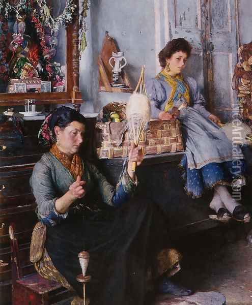 Venetian Women Spinning Wool Oil Painting - Marius Michel