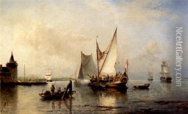 Noble Visitors Firing A Salute In The Waters Near Amsterdam Oil Painting - Nicolaas Riegen