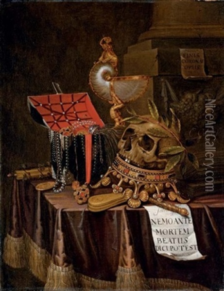 A Vanitas Still-life With A Chest Of Jewels, A Nautilus Cup, An Upturned Crown And A Skull Resting On The Top With A Note, And Other Objects On A Drape Oil Painting - Edward Collier