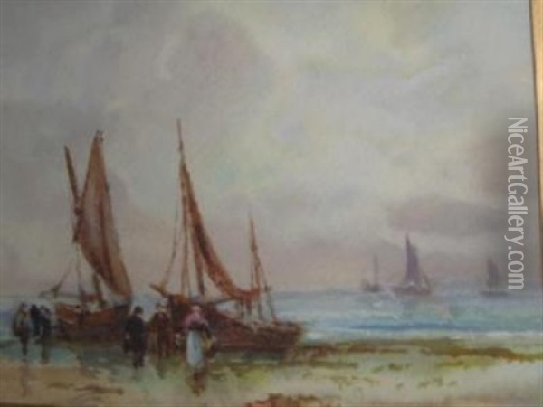 Unloading The Catch At Whitby Sands Oil Painting - Frank Rousse