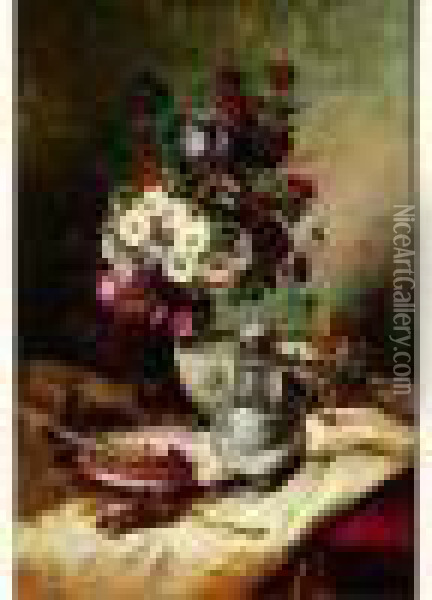Bouquet Champetre A L'assiette De Raisins Et Noisettes Oil Painting - Eugene Henri Cauchois