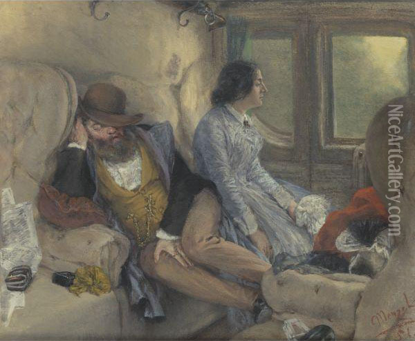 Im Eisenbahncoupe (nach Durchfahrener Nacht) 
(in A Railway Carriage (after A Night's Journey) Oil Painting - Adolph von Menzel