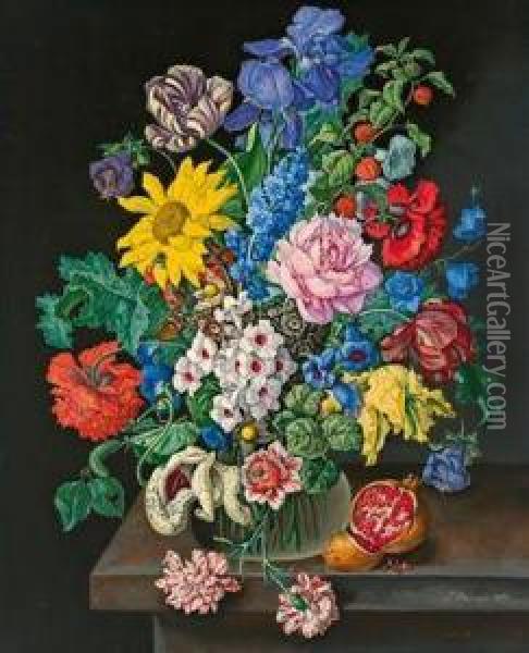 Groses Blumenstuck Mit Granatapfel Oil Painting - Sebastian Wegmayr