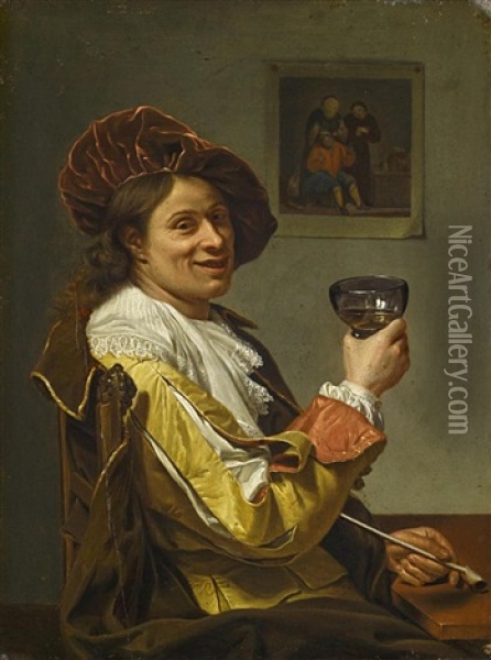 Portrait Eines Jungen Herren Mit Weinglas Und Pfeife Oil Painting - Adriaen Van Der Werff