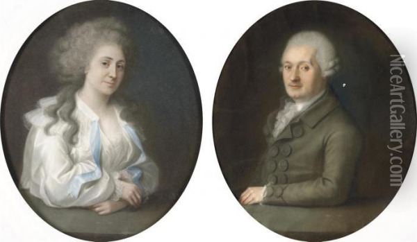 Portraits Of A Lady And Gentleman, Half-length, Their Hands Restingon Ledges Oil Painting - Johann Friedrich A. Tischbein