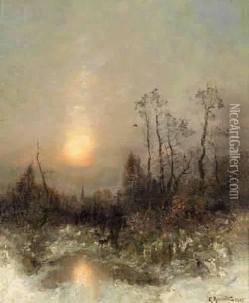 Hunter Returning Home In A Winter Landscape Oil Painting - Desire Tomassin