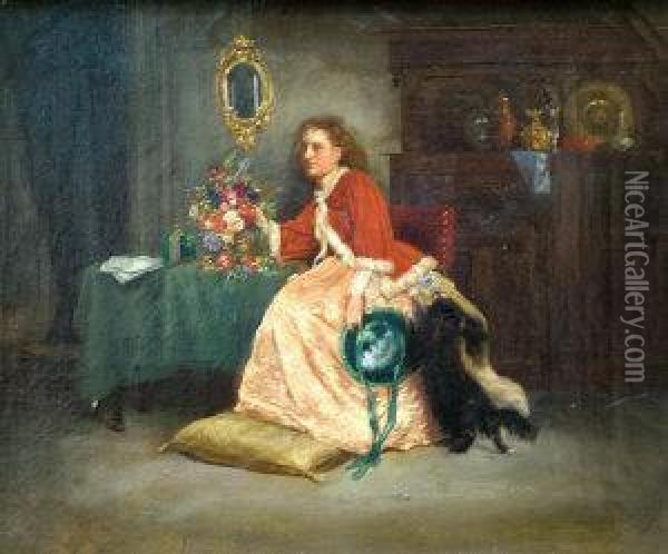 Lady Seated In An Interior By A Vase Of Flowers And Holding A Green Hat Oil Painting - Charles Robert Leslie