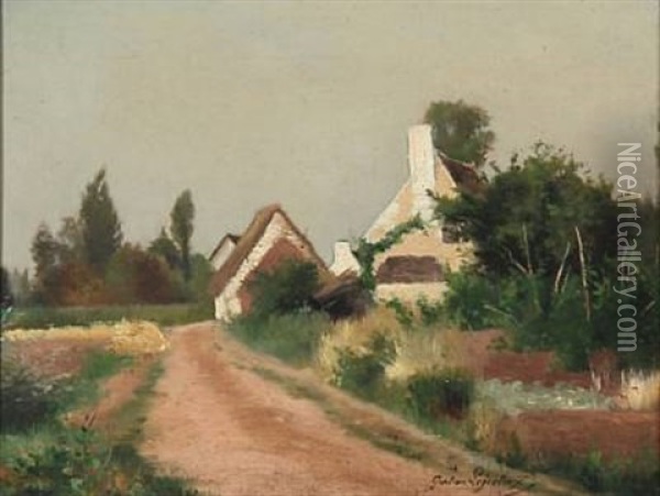 Misty Afternoon In A Village Street Oil Painting - Jules Lejouteux