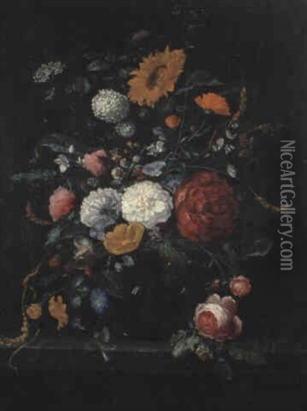 Bunter Blumenstrauss In Gl,serner Vase Oil Painting - Abraham Mignon