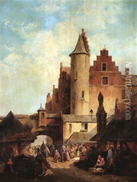 Le Marche Aux Abords Du Steen, Anvers Oil Painting - Francois Antoine Bossuet