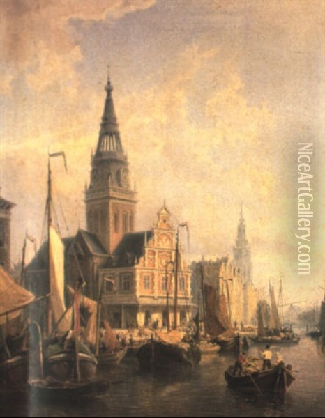 Dutch Waterfront With Figures And Boats Oil Painting - Pieter Cornelis Dommershuijzen